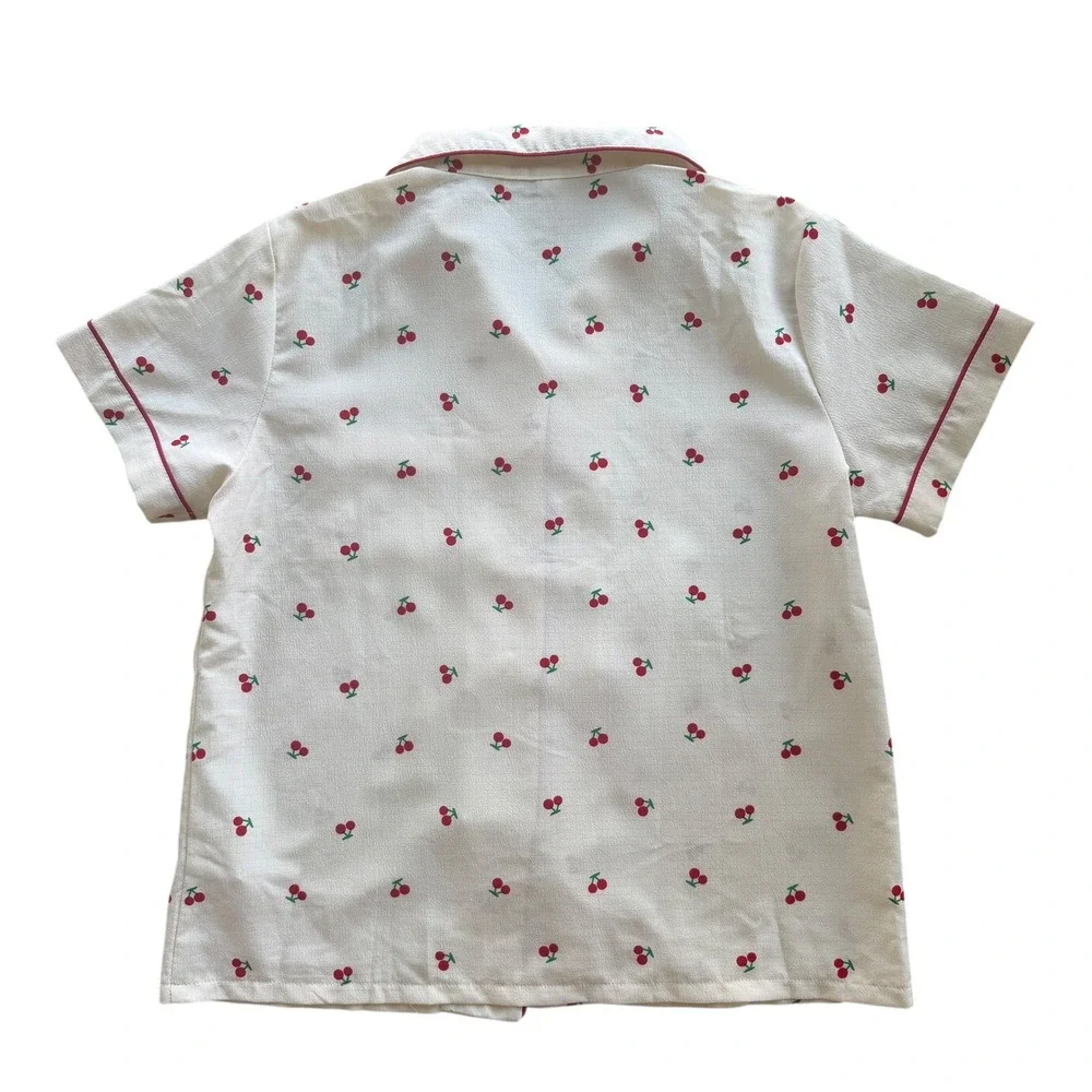 Women M Cream Red Cherry Print Pajama Set Short Sleeve Button Down Top and Pants